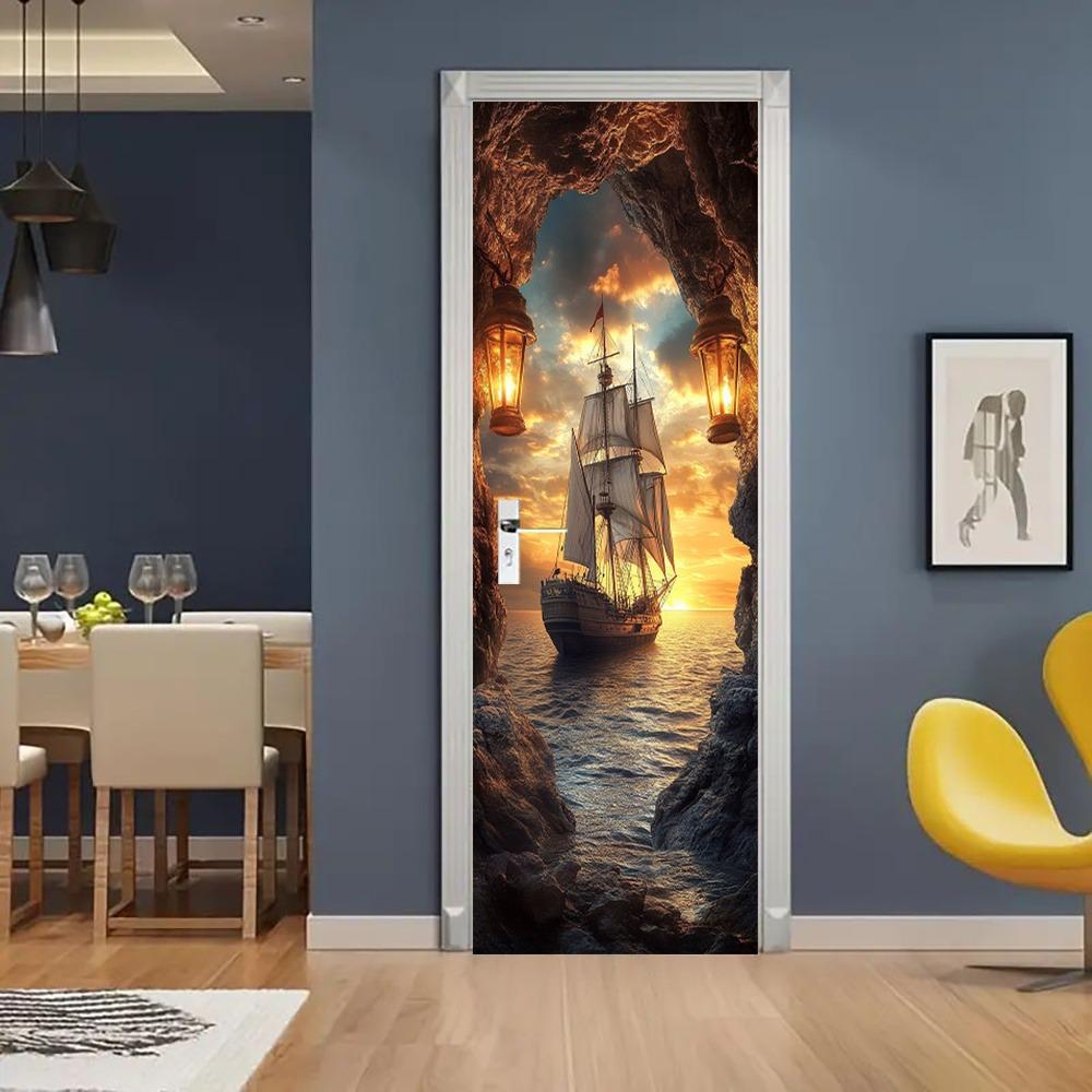 1/2pc Ocean Wall Mural Door Sticker - Removable Self-Adhesive PVC Door Sticker with Sunset and Sailing Scene, Cartoon Theme Home Decor