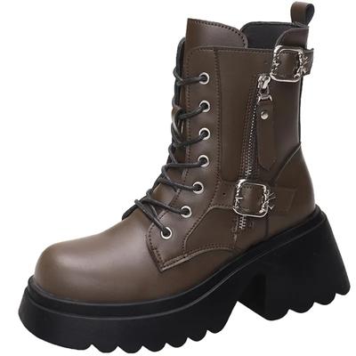 Модные классные ботинки на шнуровке в британском стиле для женщин, осенние, новые, на толстом каблуке, с толстой подошвой, с пряжкой на ремне и шнуровкой спереди, кожаные короткие ботинки