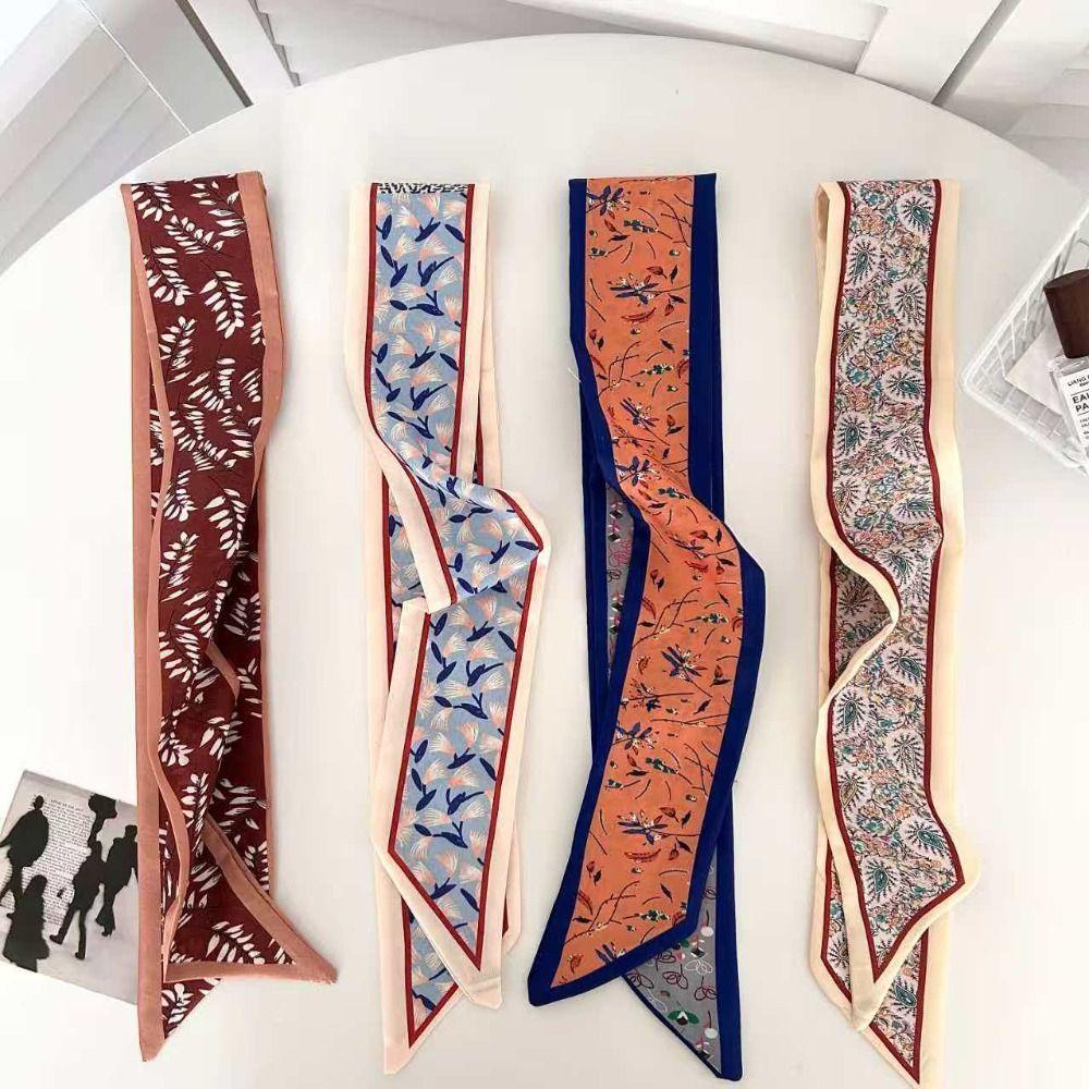 Long Neck Strap Flower Pattern Hair Band Fashion Floral Silk Scarf