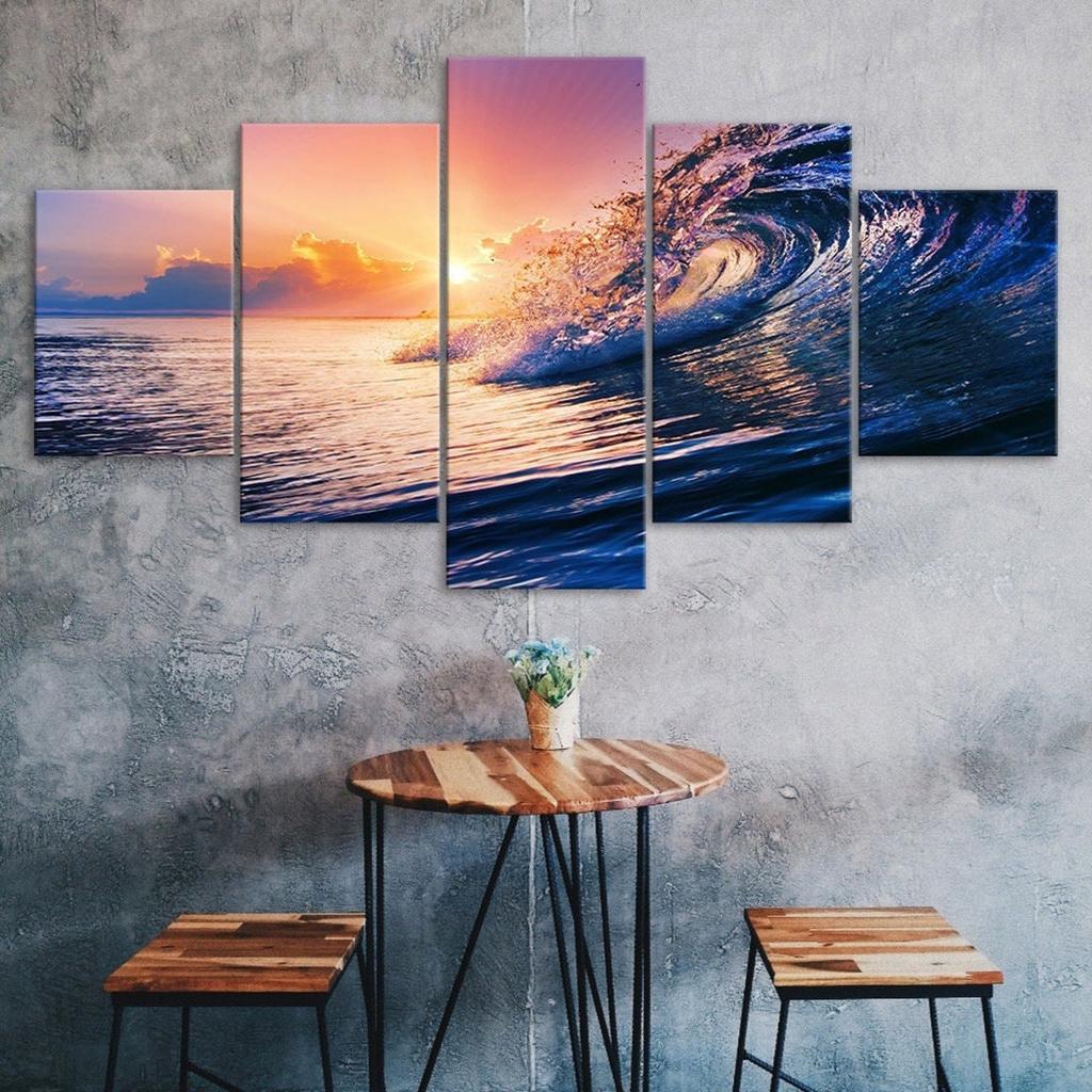 Surf Wave Seascape Beautiful Sunset Scene 5 Piece Five Panel Wall Canvas Print Modern Art Poster Picture Home Decor Gift For Him For Her