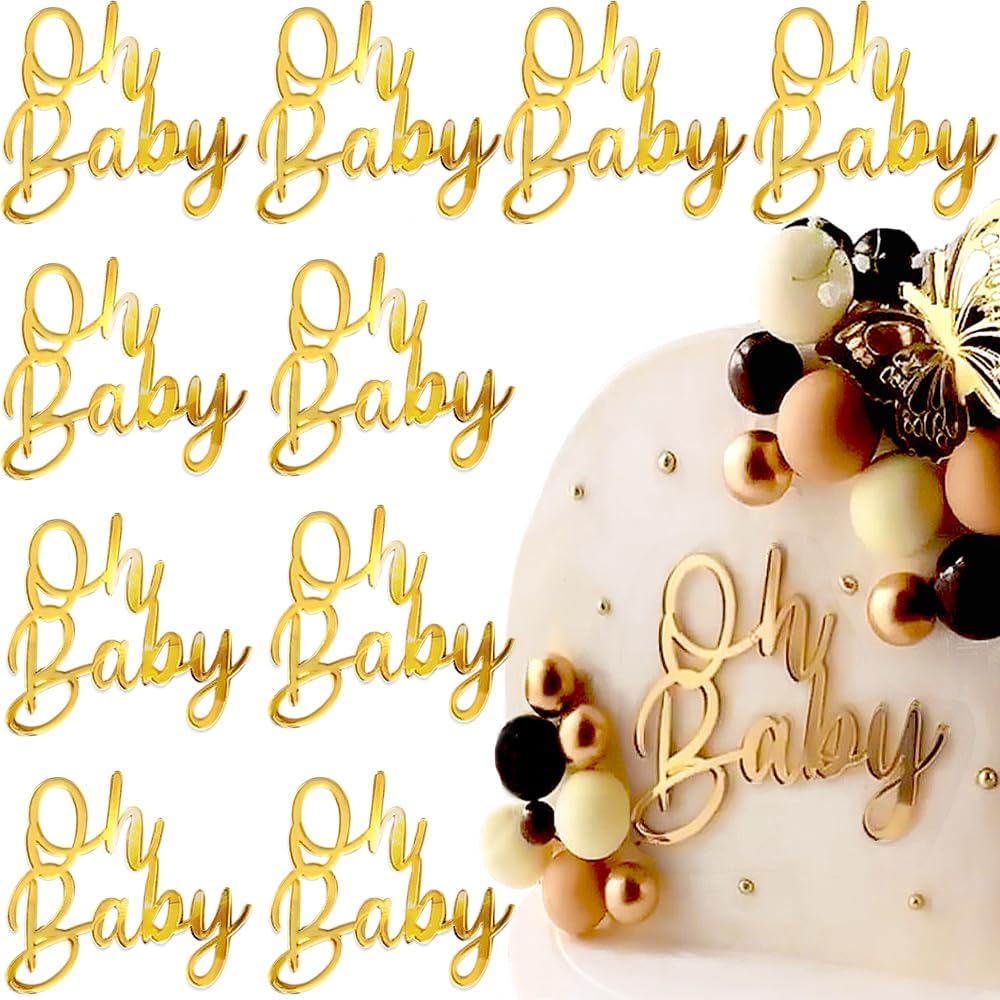 Oh Baby Cake Topper, 10pcs Acrylic Cake Toppers Oh Baby Sign Cupcake Toppers Cake Decorating Supplies Kit Cupcake Topper Mirror Gold Birthday