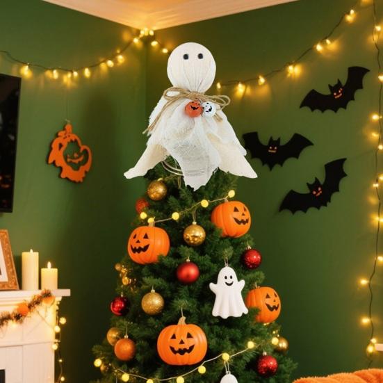 Хэллоуинский призрак-верхушка для дерева 7 дюймов маленький белый тканевый призрак