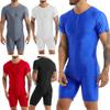 Men One Piece Short Sleeve Front Zipper Boxer Shorts Leotard Bodysuit Catsuit