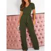 Women Short Sleeve V Neck High Waist Solid Color Jumpsuits Casual Wide Leg Belted Rompers