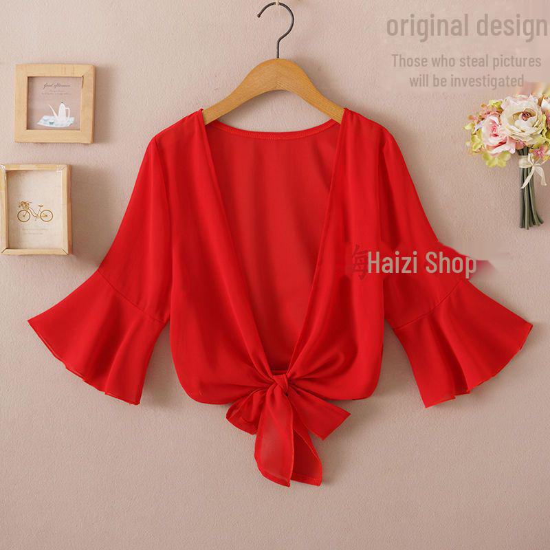 Женская летняя шифоновая куртка-шаль с защитой от солнца 2024 года — короткий рукав, легкий кардиган, универсальный жилет.