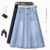 Летняя джинсовая миди-юбка А-силуэта светло-голубого цвета для женщин - Облегающая, Свободная посадка, Прикрывающая бедра, Миди-длина, Широкий подол