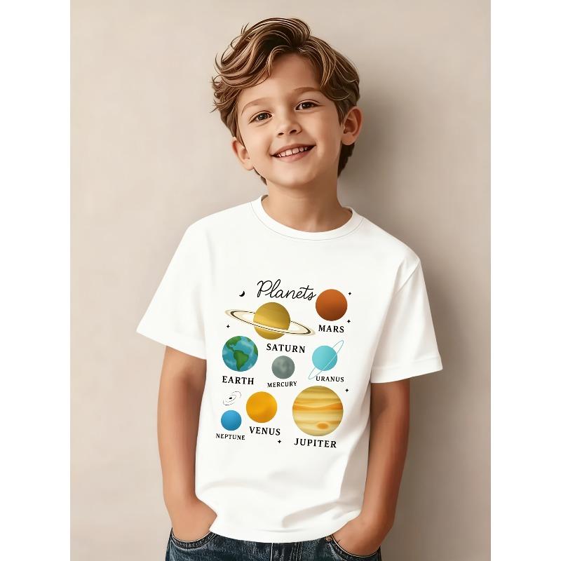 European sizes Boys' Fashion Children's Clothing Pure  Short Sleeve T-Shirt with Planets Earth Mars for SATURN Uranus Print