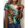 Landscape Print Crew Neck T-shirt, Casual Crew Neck Short Sleeve Top For Spring & Summer, Women's Clothing