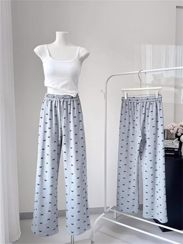 Женские повседневные брюки с высокой талией, драпировкой в виде банта и принтом - Петит, длиной до пола, с широкими штанинами, прямого кроя для весны и осени