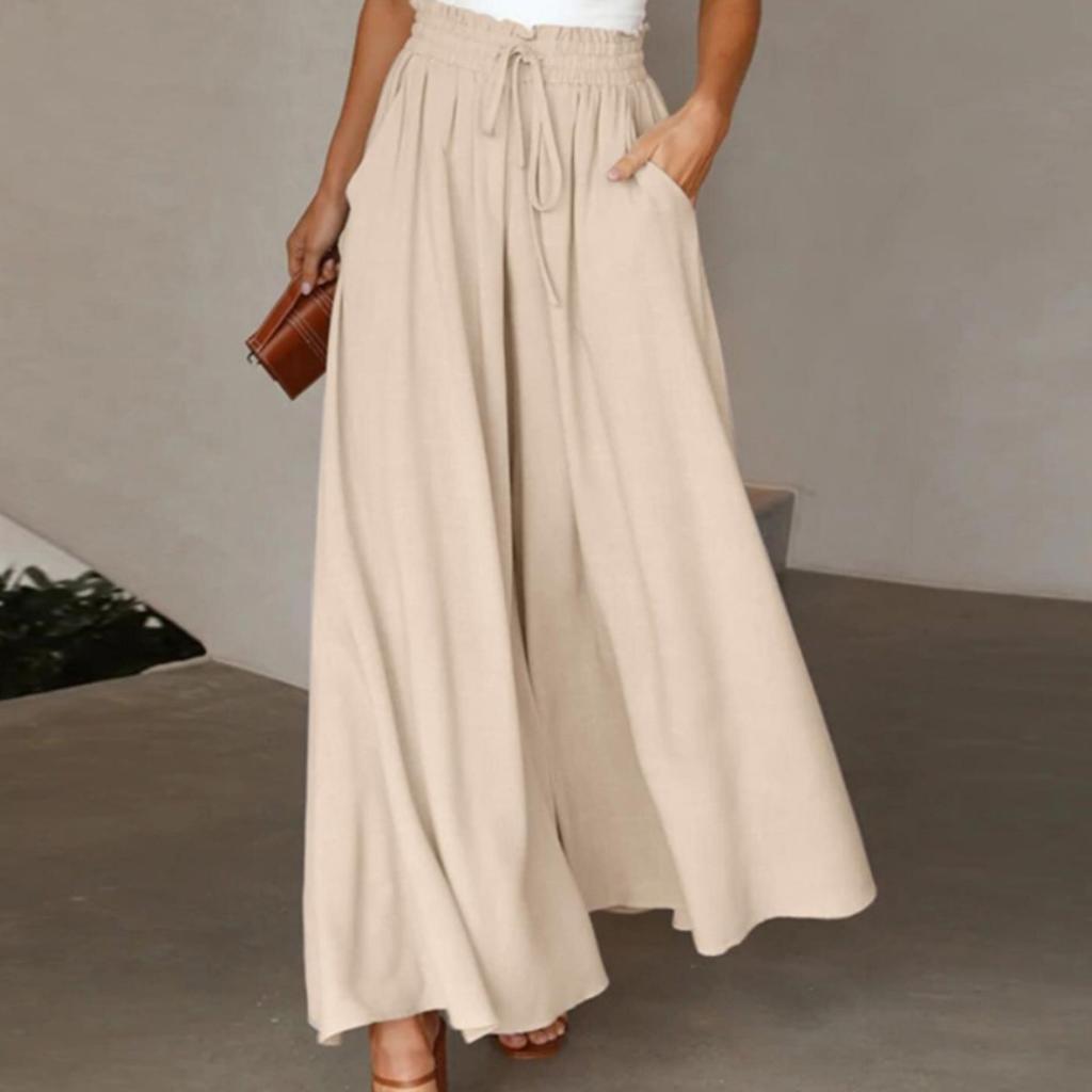 Women's Solid Color Trousers Elastic Belt Wide Leg High Waist Long Culottes