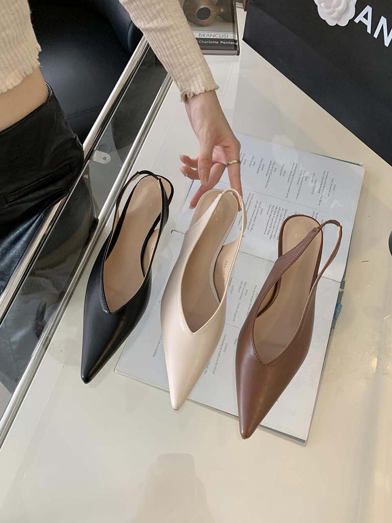 Модные женские босоножки с острым носком 2024 года, новые поступления, модные туфли-лодочки на тонком низком каблуке с ремешком сзади, черные, бежевые, коричневые, летние туфли для вечеринок