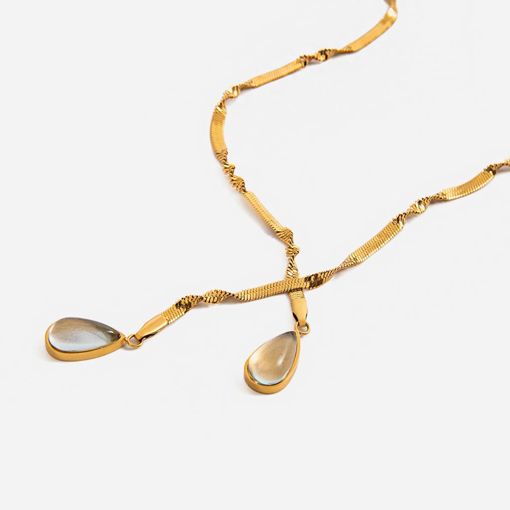 Youthway Green Teardrop Glass Pendant Necklace Stainless Steel Women Fashion Jewelry Daily Wear Commuter Style