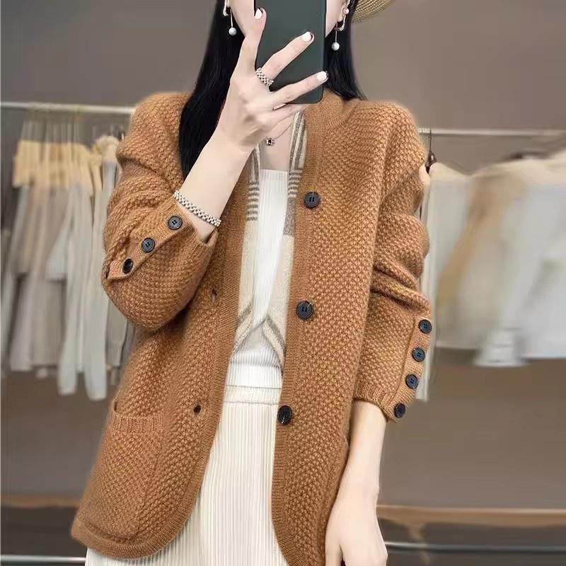 Осенне-зимний свободный универсальный кардиган с воротником-стойкой из чистого кашемира для женской верхней одежды, свитер, шерстяная вязаная куртка больших размеров