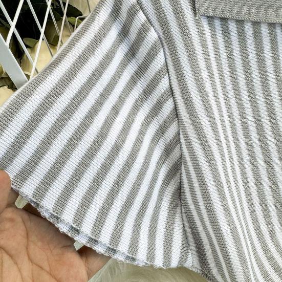 Женское летнее платье в вертикальную полоску, с V-образным вырезом, воротничком и короткими рукавами, вязаное платье, винтажное А-силуэтное платье-свитер