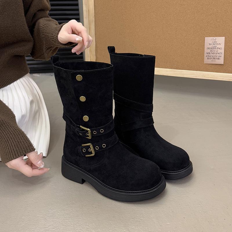 Осень и зима новый европейский и американский ветер корова анти-бархат толстая подошва ботинки-локомотивы круглый носок пряжка ремень заклепки средний каблук короткие ботинки Мар