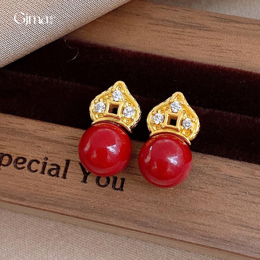 Позолоченные 18 карат реальным золотом новые китайские серьги-монеты из меди с цирконами и красными бусинами ретро простые серьги