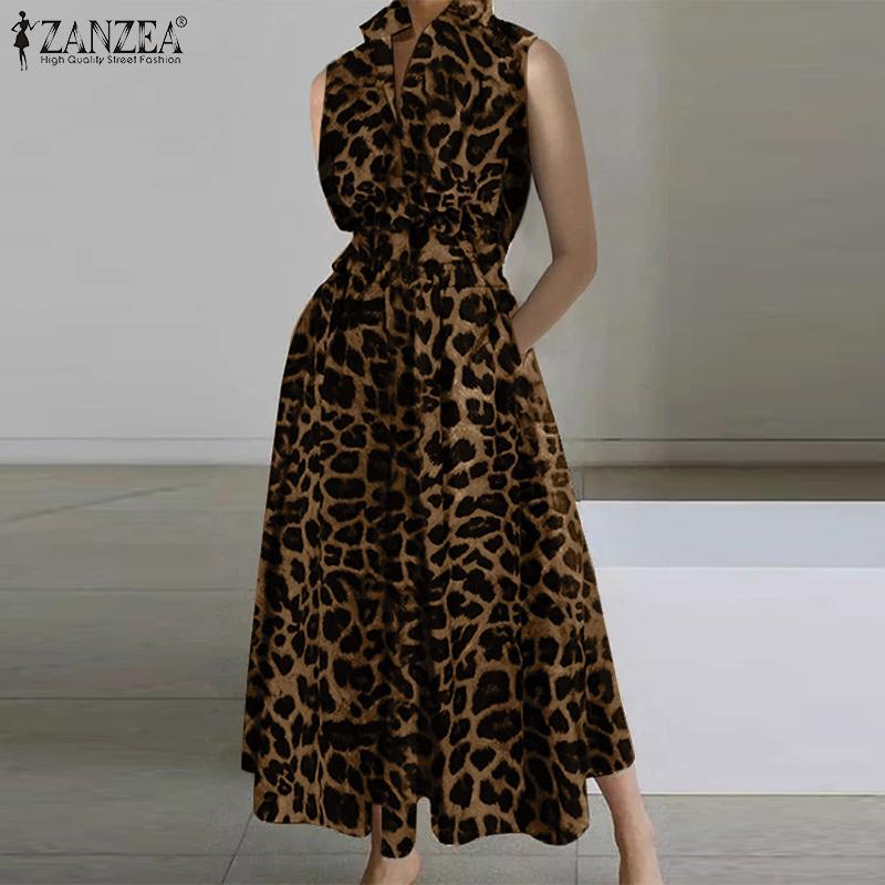 ZANZEA Женское повседневное летнее платье без рукавов с отложным воротником и леопардовым принтом
