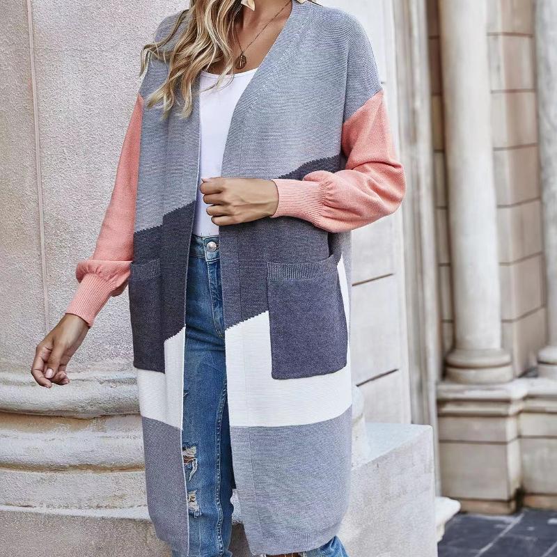 IHUASU Women's Autumn and Winter Models Commuter Large Size Splicing Striped Knitted Cardigan Long Loose Jumper