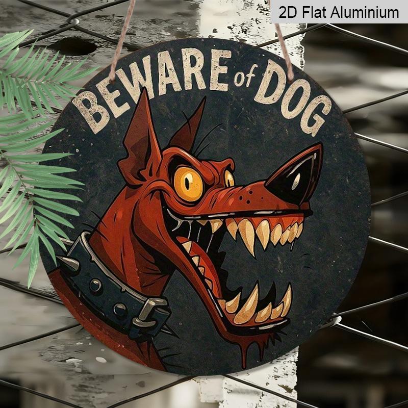 2D Flat Retro Dangerous Dog Warning Sign-durable Metal Warning Board, Decorated with Fierce Red Dog and Iron Chain Pattern-20x20 Cm/7.8 Inches
