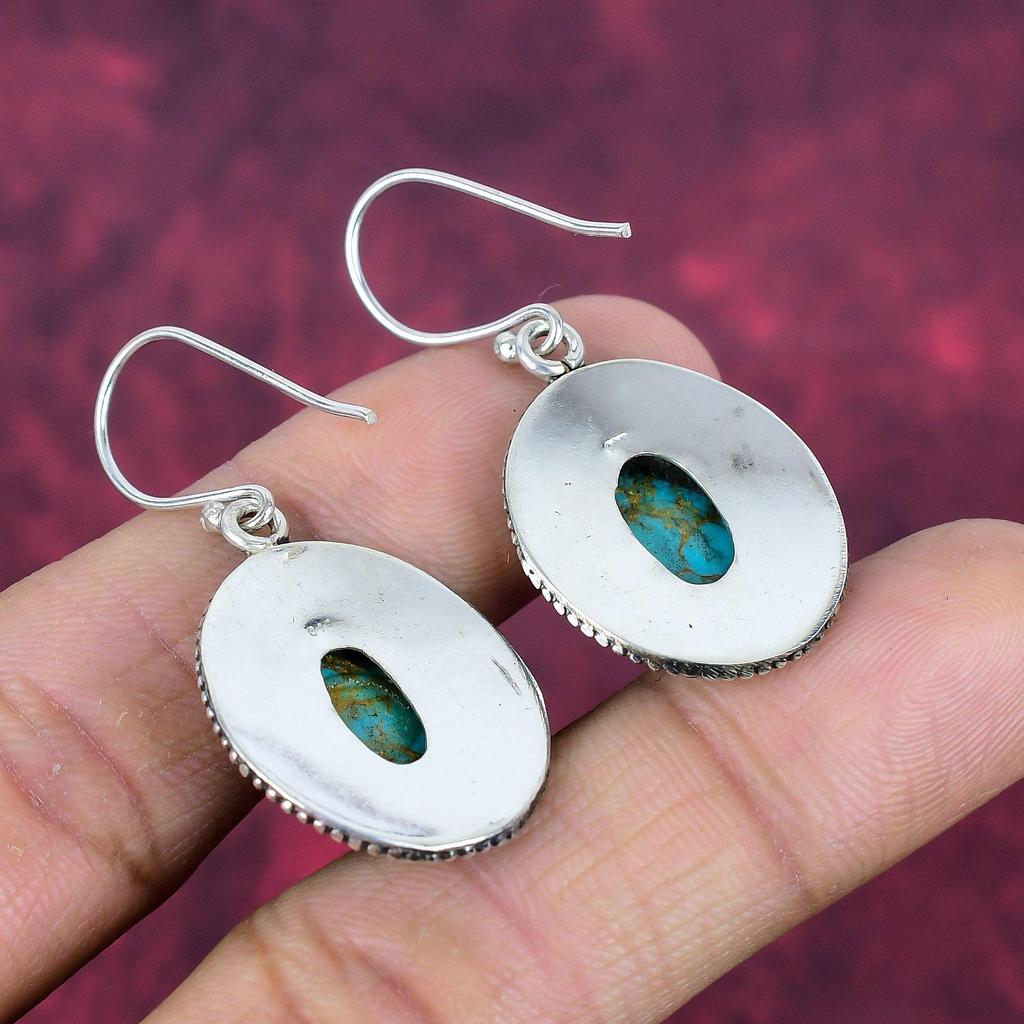 Blue Copper Turquoise Handmade Gemstone Earrings, 925 Solid Sterling Silver Earrings Antique Jewelry, For Engagement Gift