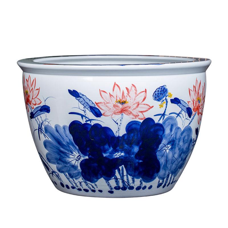 Large Blue and White Porcelain Feng Shui Fish Tank and Lotus Ornament