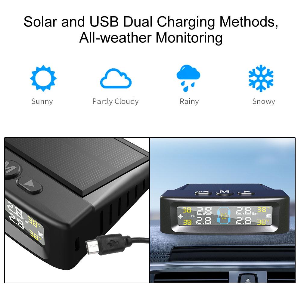 Car Tyre Pressure Monitor Solar TPMS Tire Pressure Monitoring System With 4 External Sensors Tyre Pressure Alarm Temperature Warning Fuel Save