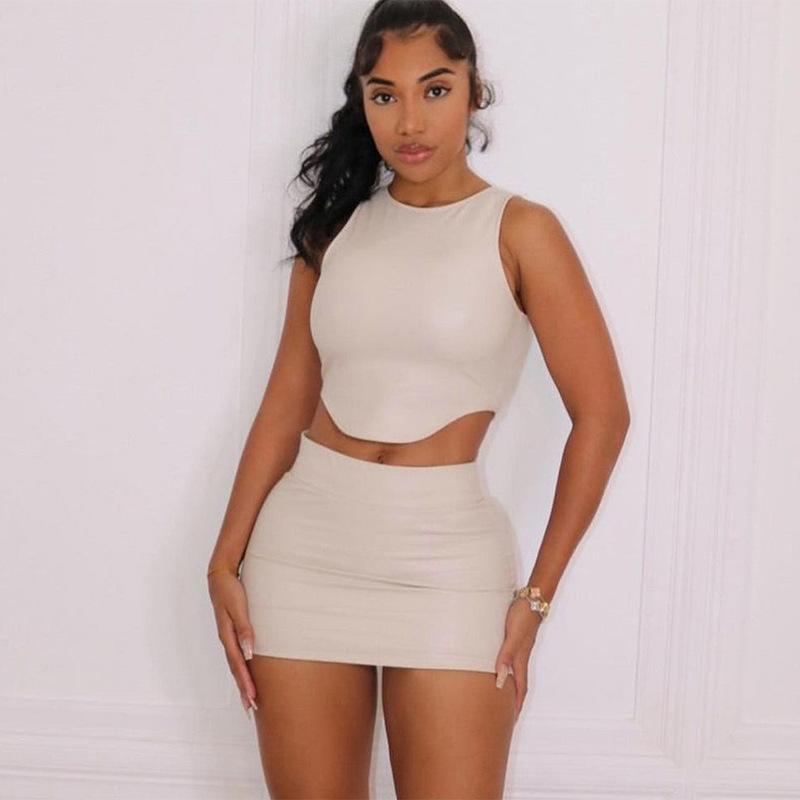 Новый Осенний Женский Костюм ПУ Безрукавка-Жилет Облегающая Короткая Юбка Костюм для Женщин