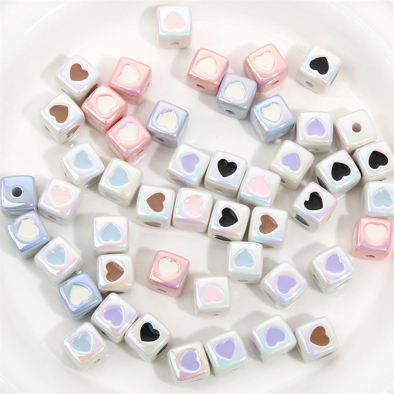 12mm Color-Plated 3D Heart Square Beads for DIY Hairpins & Bracelets