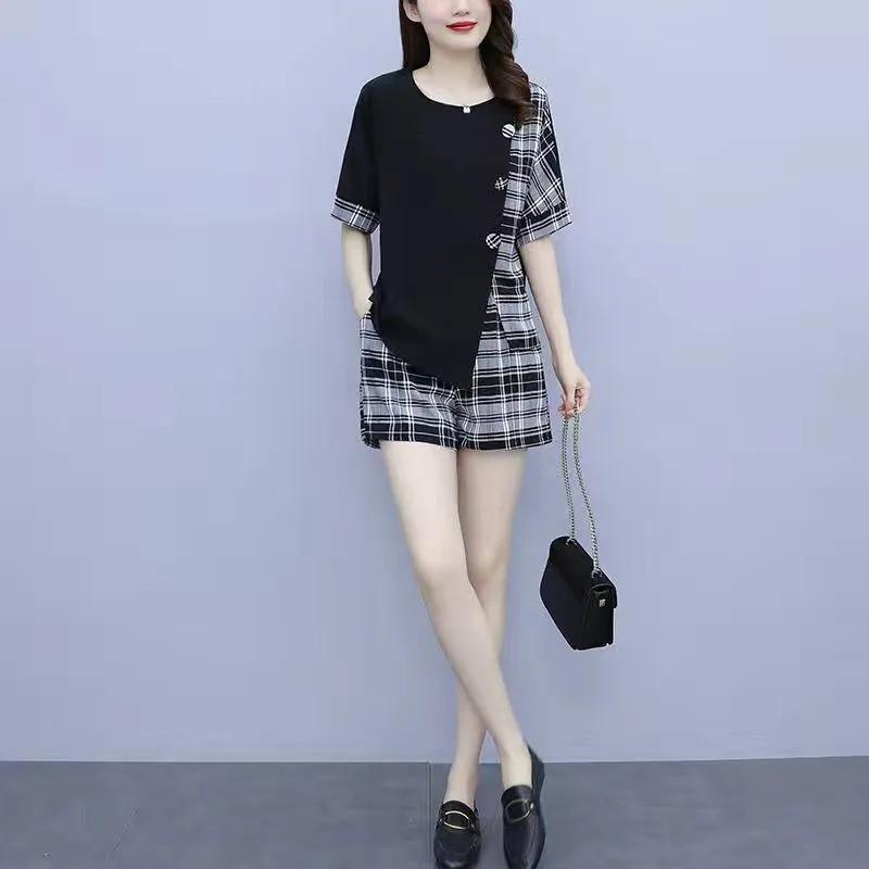 Женский летний комплект больших размеров Temperament, свободный тонкий топ с короткими рукавами + шорты, комплект из двух предметов