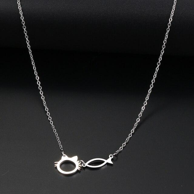 Stainless Steel Necklaces Cute Cat And Fish Pendant Chain Choker Charm Fashion Necklace For Women Jewelry Party Birthday Gifts