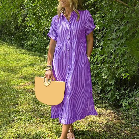 Полосатое платье-рубашка с лацканами на пуговицах и карманами, летнее повседневное длинное пляжное платье А-силуэта с коротким рукавом для женщин