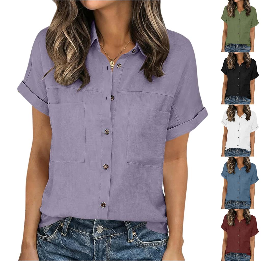 Женская модная рубашка с воротником контрастного цвета, коротким рукавом, карманом на пуговице, повседневная, свободного кроя