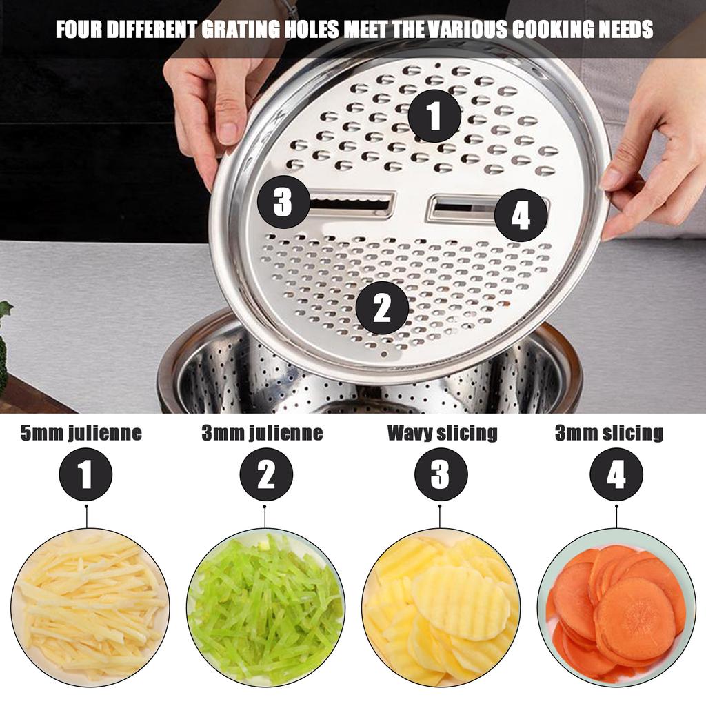 3 in 1 Kitchen Basin Grater, Colander Cutter with Strainers 10.2 Inch Stainless Steel Mandoline Rice Washing Pasta Mixing Dough Knding Bowls
