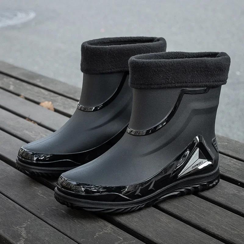 Men's Waterproof Anti-slip Rain Boots Outdoor Fishing Boots New Rain Boots Men's Rubber Shoes with Velvet To Keep Warm In Winter