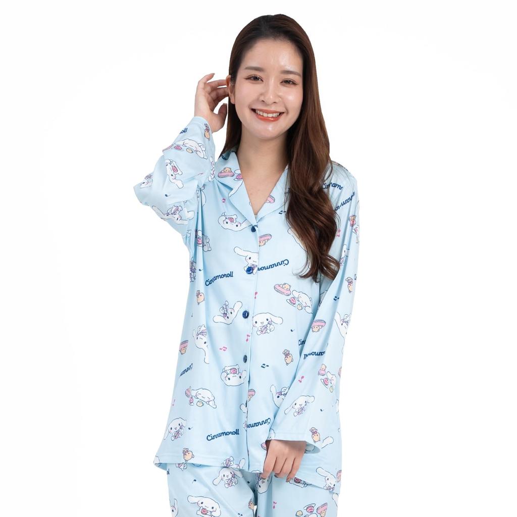 SAZAC Cinnamoroll Shirt Powder Long Sleeve and Pants MUSIC Cinnamoroll Pajamas, Stretch, Women's, Set, Loungewear, (Sax/M/SAN1788)