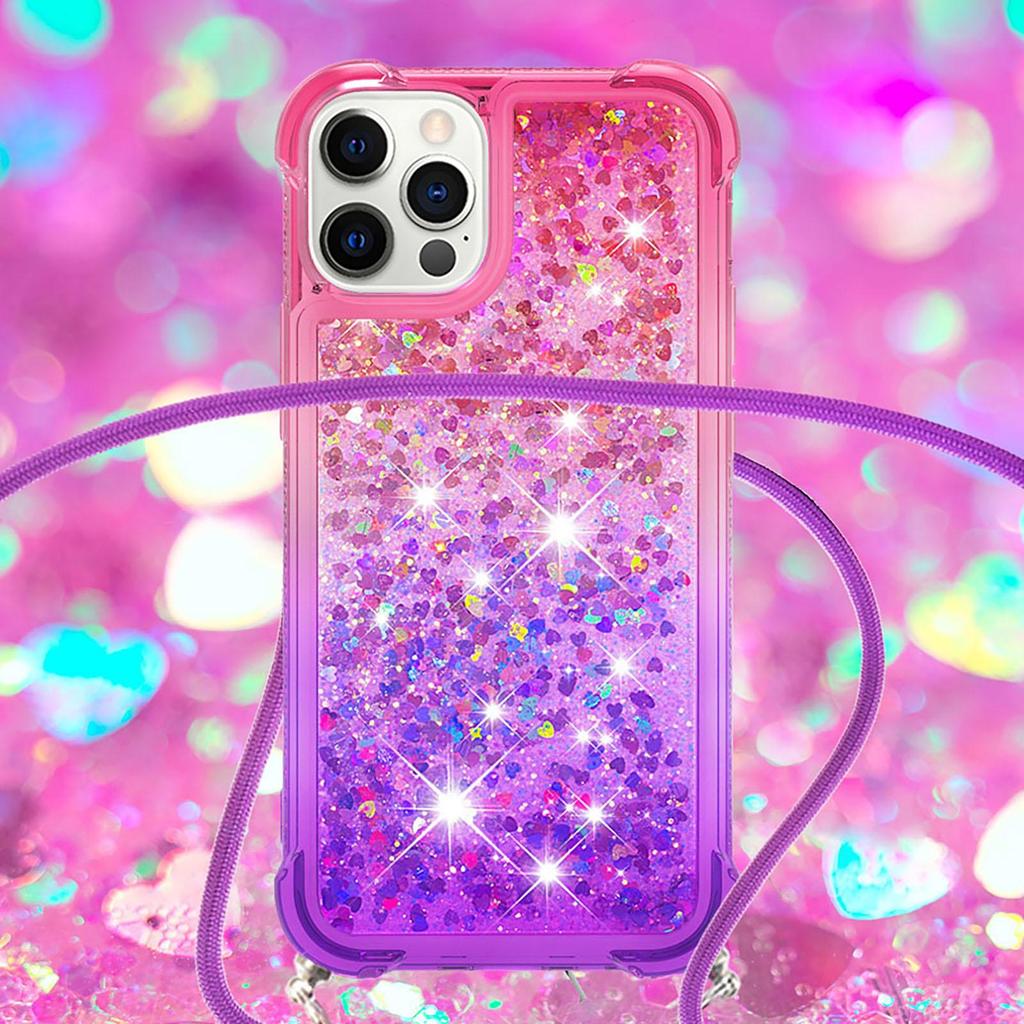 Плечевой ремень для девочек, прозрачный градиент, жидкий зыбучий песок, блестящие любовные блестки, чехол для телефона через плечо для iPhone, Samsung, Xiaomi, Huawei, силиконовый чехол-бампер
