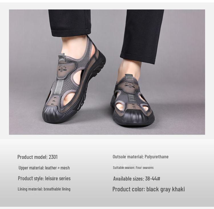 Мужские летние сандалии из натуральной кожи 2024 года с дышащей отделкой: Обувь Mesh для вождения, отдыха на природе, вброд и на пляже
