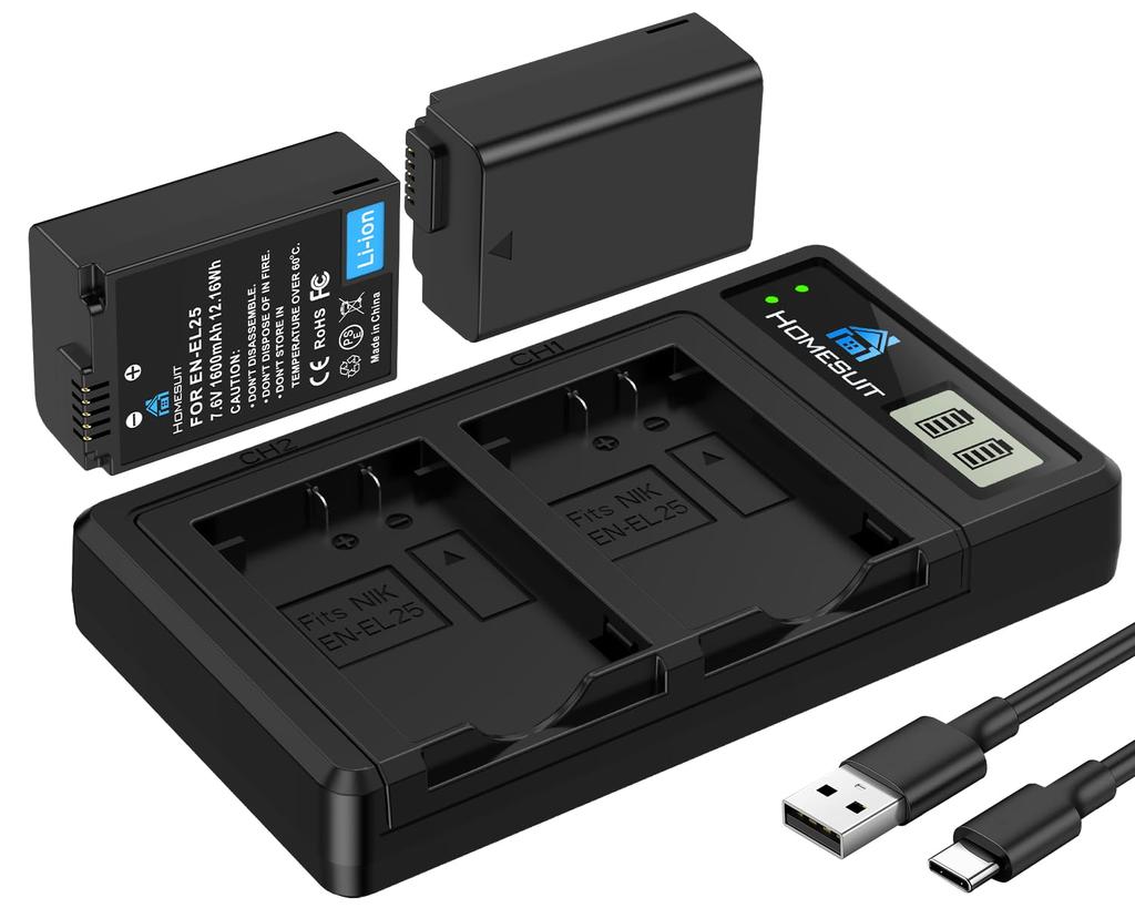 Homesuit Compatible 1600mAh Battery with USB Fast LCD Charger Set with Charging Cable for Nikon and ZFC Compatible with EN-EL25 (2-Pack) MH-32 Z30,