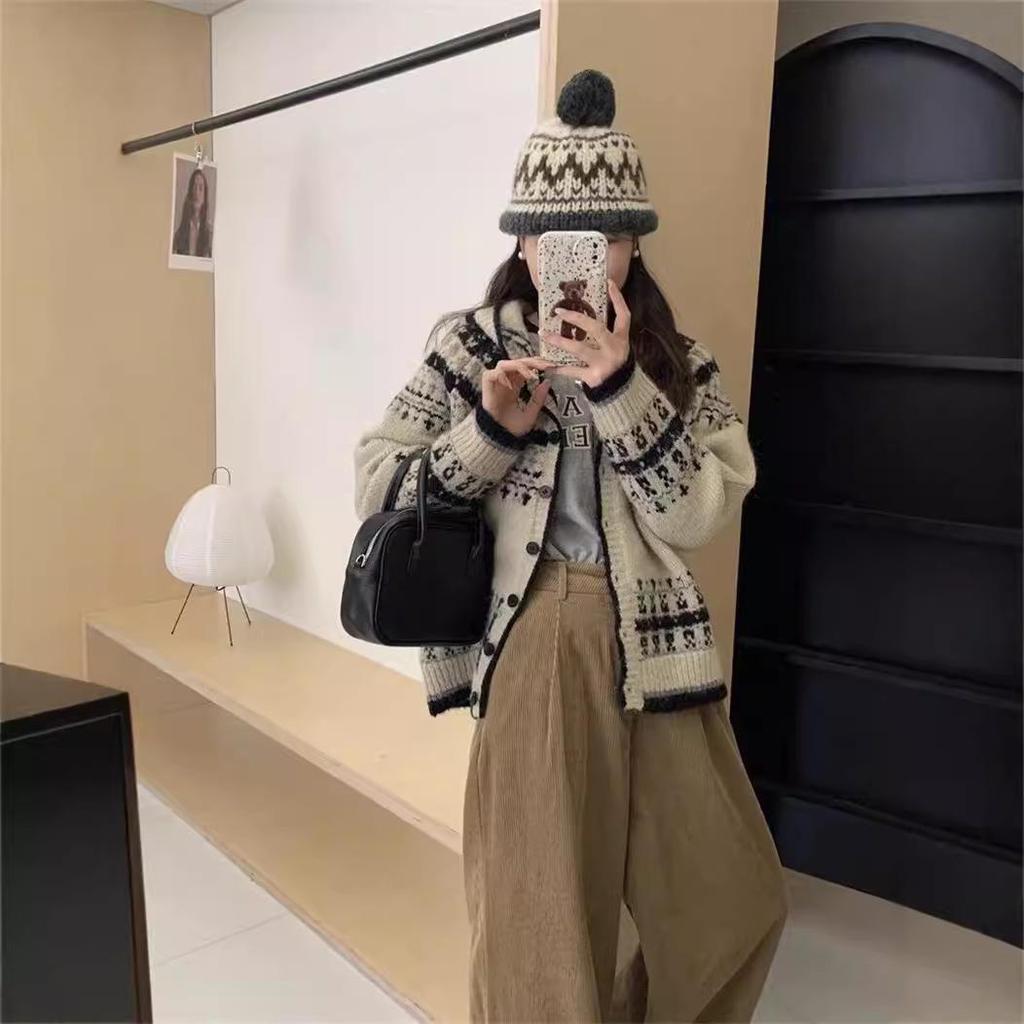 Женский ретро японский жаккардовый свитер с капюшоном - однобортный, свободный, ленивый стиль, вязаный кардиган на осень/зиму