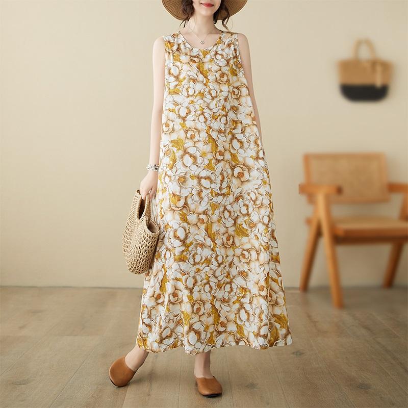 Новое винтажное платье с цветочным принтом без рукавов больших размеров для женщин, повседневное свободное длинное летнее платье