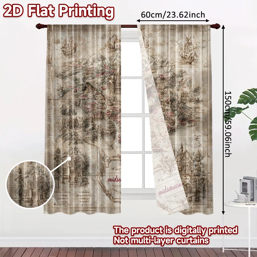 2pcs, 2D FLAT PRINTING Curtains (Without Rod) MarauderMap Christmas Festival Creative Curtains Machine Washable Fabric Curtains