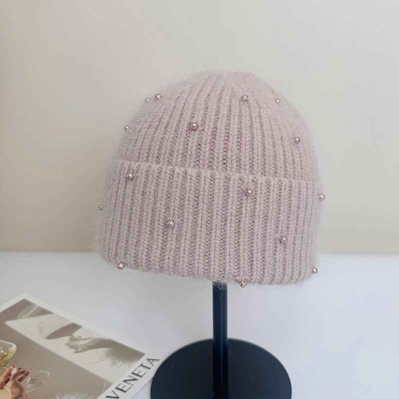 New diamond-encrusted rabbit fur knitted hat, winter outdoor warm fashion face small light luxury ear protector wool hat