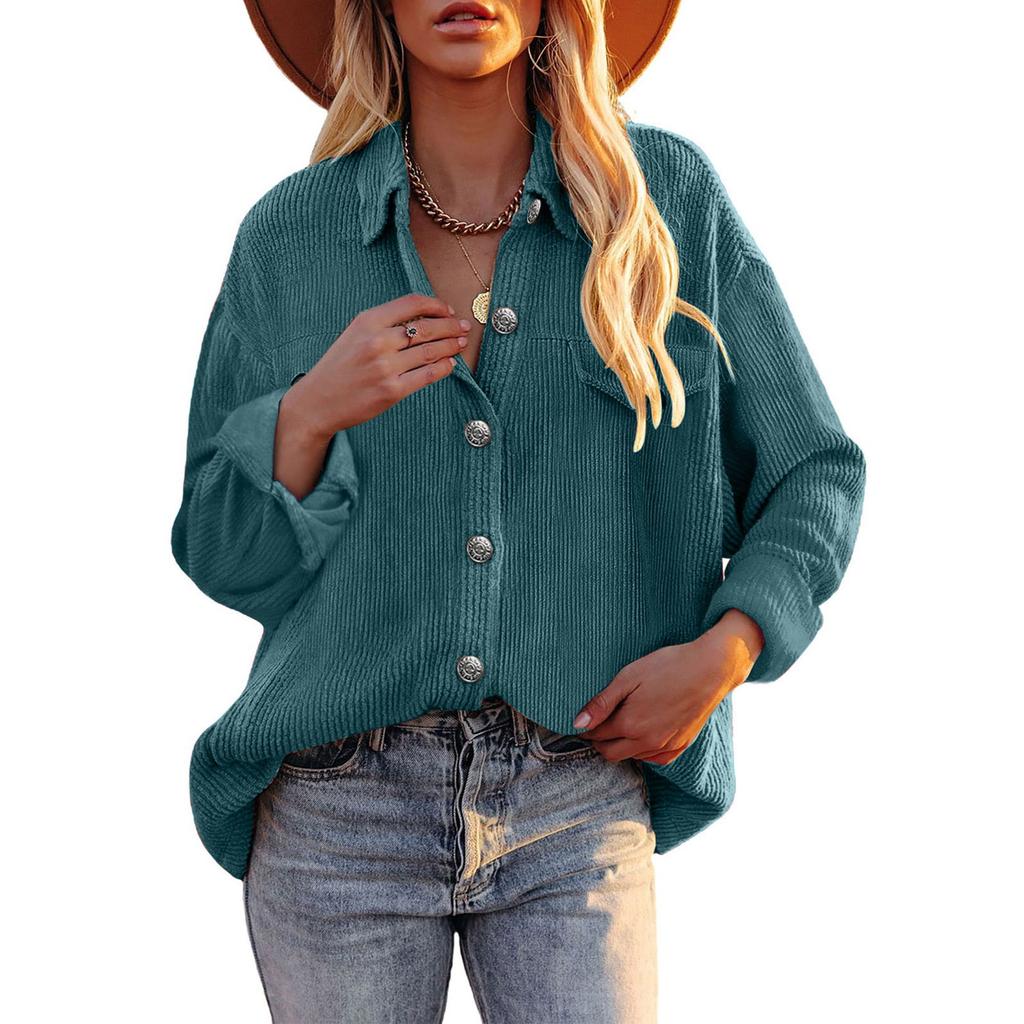 Женская повседневная вельветовая однотонная рубашка с лацканами, однобортное свободное пальто