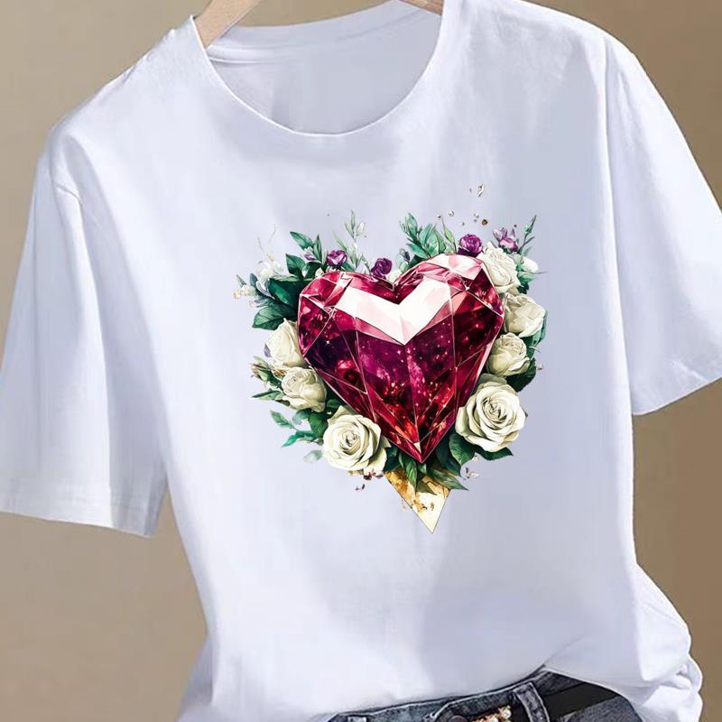 (Asian Size) sweet watercolor trend Women Fashion Print Female Clothing T Shirt Tee Top Woman Short Sleeve Graphic T-shirts