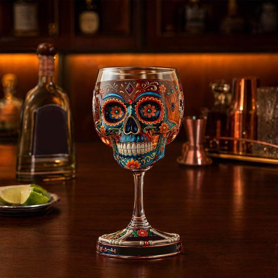 Gothic Skull Wine Glass, Hand Painted Skeleton Goblet, Day of The Dead Decor, Unique Bar Gift for Halloween
