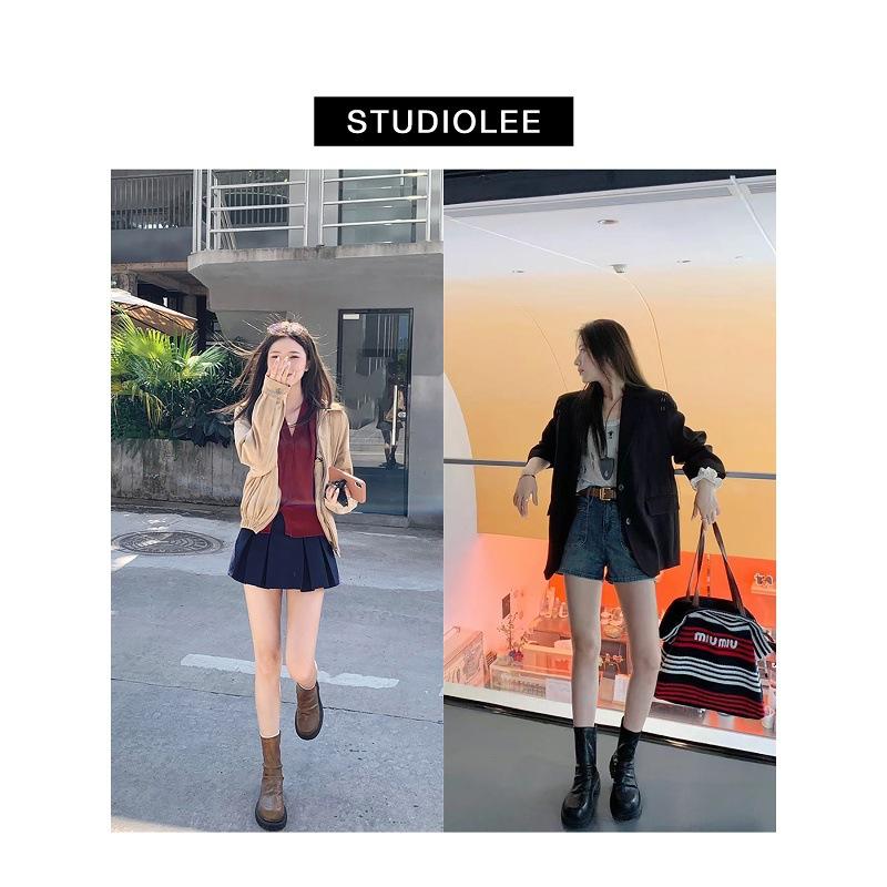 Версия из коровьей кожи виноградный матовый толстая подошва ретро кожа плиссированные задняя молния на наборном каблуке короткие ботинки женские тонкие ботинки британские ботинки Мартин