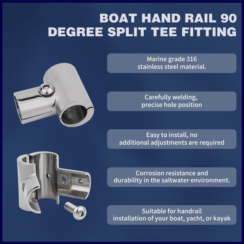 3-Way 90° Split Tube Pipe Connector Boat Handrail Fitting 316 Stainless Steel 22/25mm Tee Handrail Fittings Marine Hardware