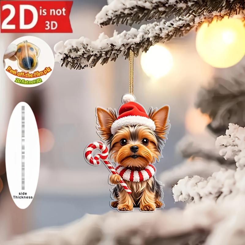 2D Flat, 1pc Yorkshire Terrier Christmas Ornament - Flat Hanging Decoration with Santa Hat & Candy Cane, Brown Puppy, Acrylic Holiday Decor for Tree,