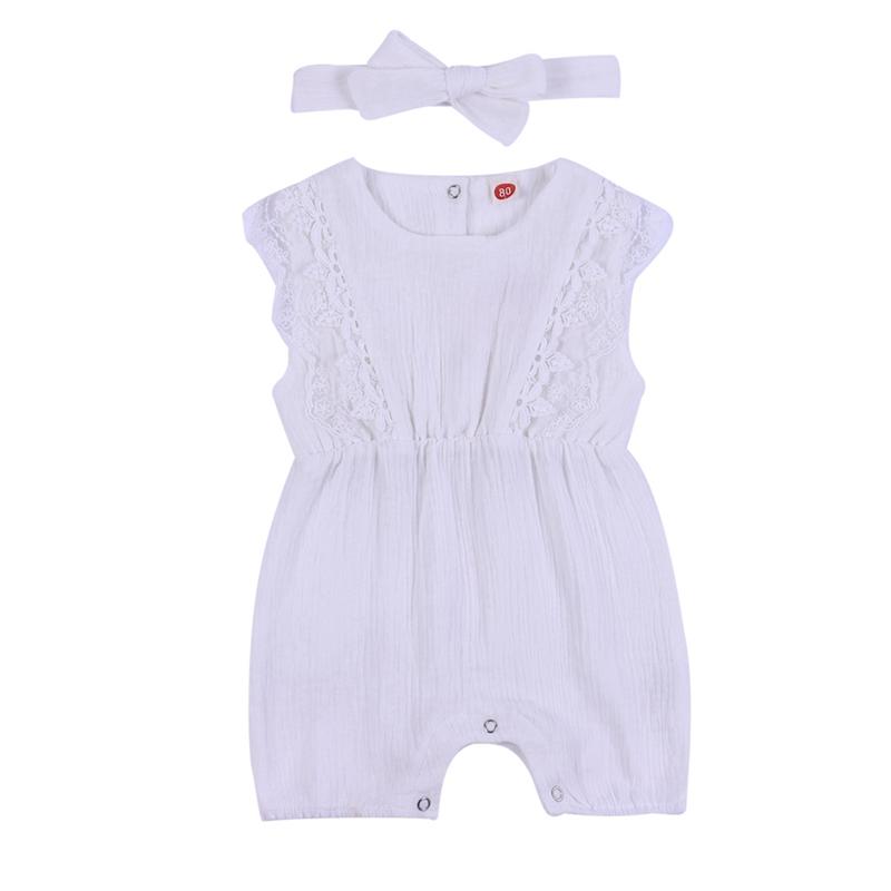 Summer Baby Girl Rompers Baby Solid Lace Design Clothes Linen Ruffles Toddler Flare Sleeve Jumpsuit Headband One-Pieces