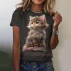 Cute Cat Print Women's Round Neck T-shirt Kawaii Style Pullover Loose Short Sleeved Oversized T-shirt 4109